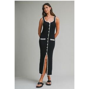 1114 • Black Rayon Boucle Knit Dress w/Ecru Contrast & Striped Pocket Dashes